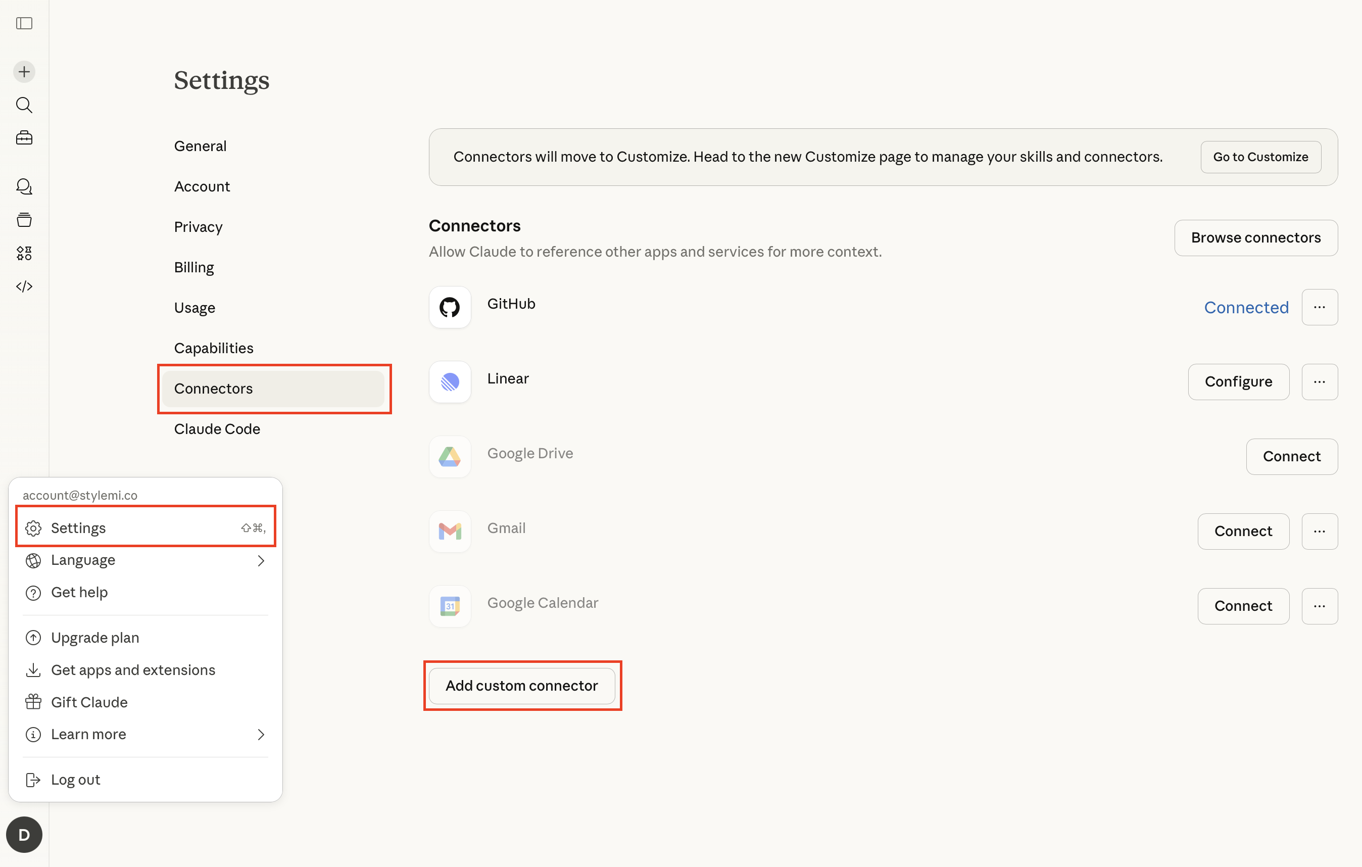 Claude.ai Settings — Connectors page with Add custom connector button highlighted
