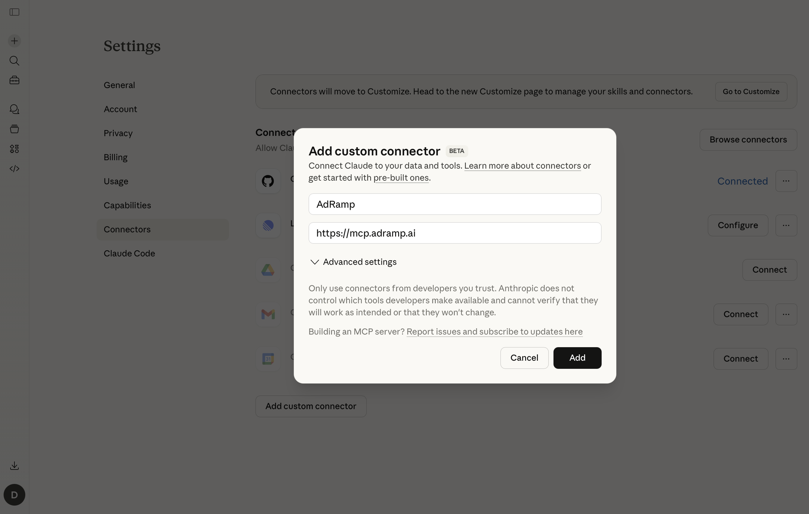Add custom connector dialog — name set to AdRamp, URL set to https://mcp.adramp.ai