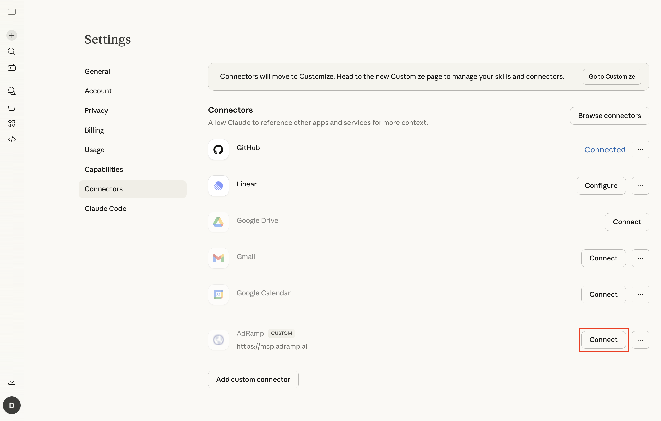 Connectors list showing AdRamp added with Connect button highlighted